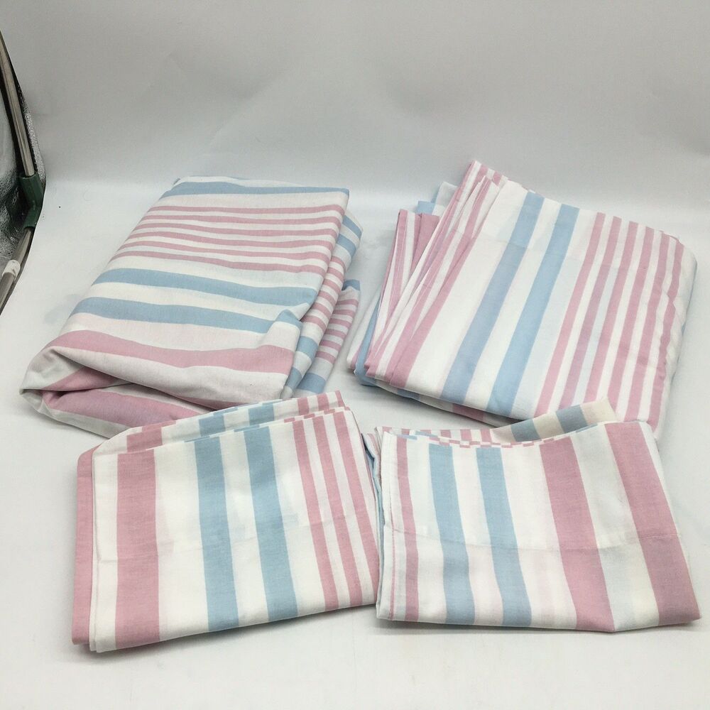 Vtg Westpoint Stevens Basics Queen Sheet Set Pink Blue White Stripe No Iron READ